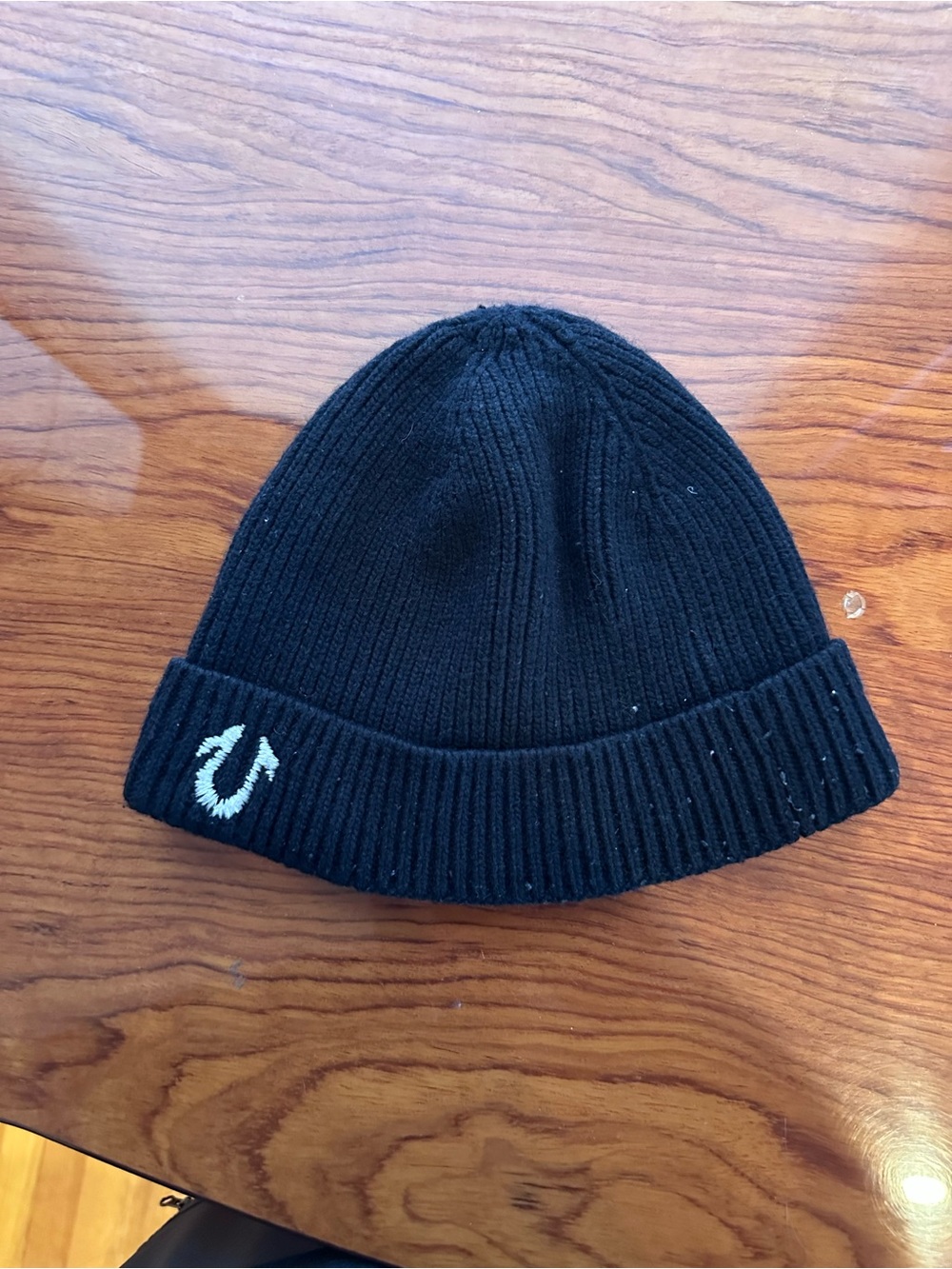 True Religion Black Ribbed Cuffed Beanie with White Logo